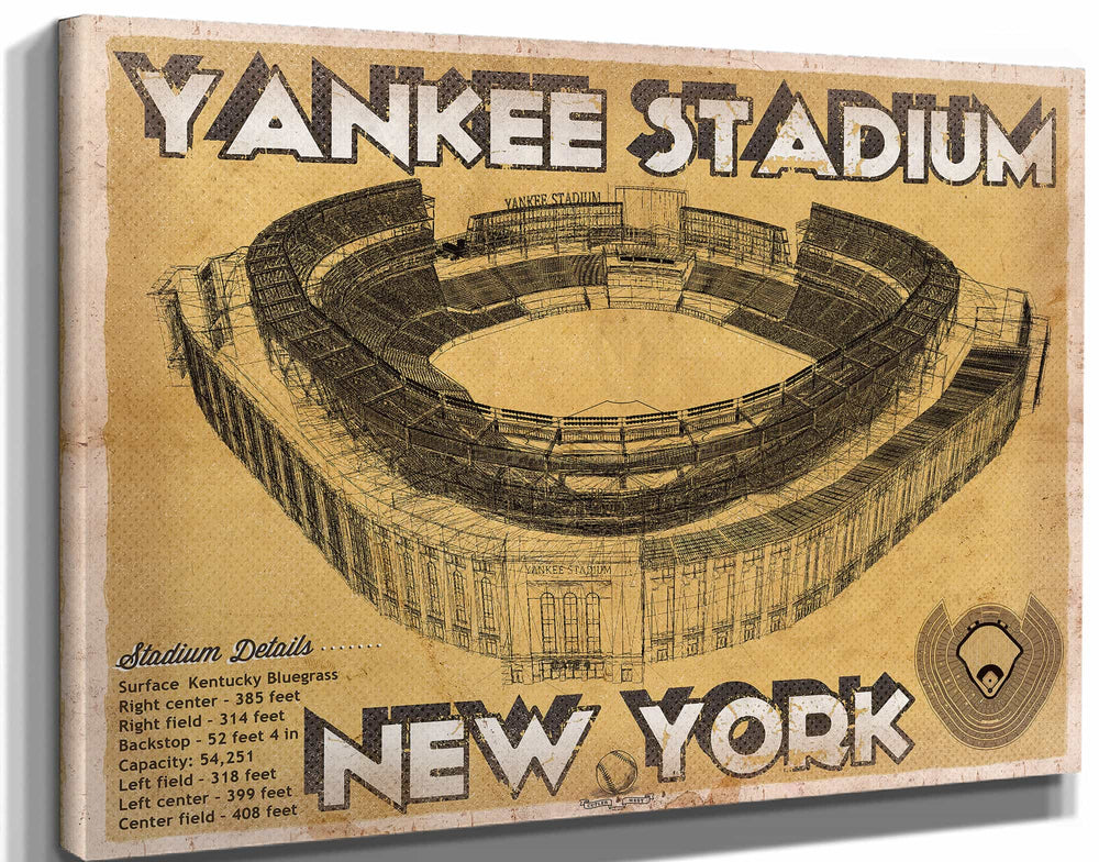 14" x 11" / Stretched Canvas Wrap Cutler West NY Yankees - Vintage Yankee Stadium Blueprint Baseball Print
