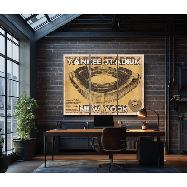 NY Yankees - Yankee Stadium Print as a 3 panel canvas wrap in an industrial loft office