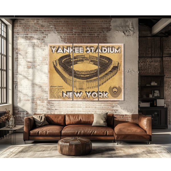 NY Yankees - Yankee Stadium Print as a 3 panel canvas wrap above a leather sofa
