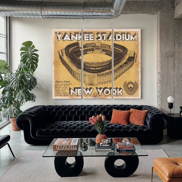 NY Yankees - Yankee Stadium Print as a 3 panel canvas wrap in a modern living room