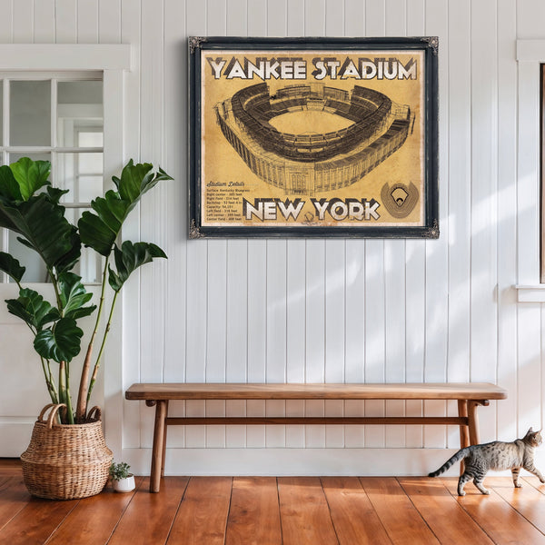 NY Yankees - Yankee Stadium Print framed in Vintage Black above a rustic console table