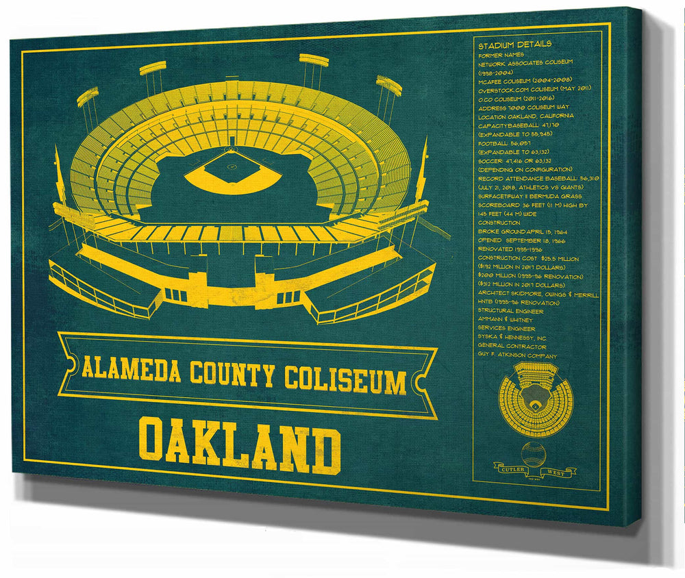 14" x 11" / Stretched Canvas Wrap Cutler West Oakland As Alameda County Coliseum Seating Chart - Vintage Baseball Fan - Team Color Print
