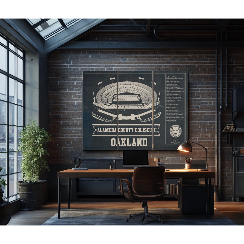 Oakland Raiders Alameda County Coliseum Stadium Print in a distressed Vintage Black wood frame with ornate corners
