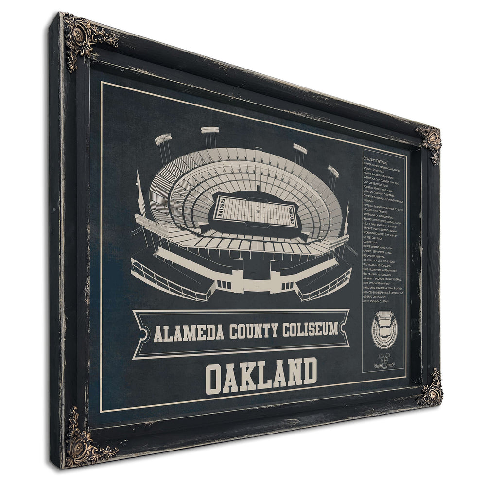 Oakland Raiders Alameda County Coliseum Stadium Print in a distressed Vintage Black wood frame with ornate corners