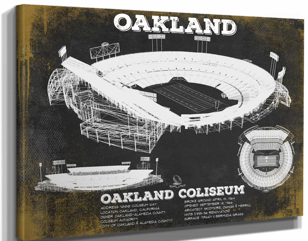 14" x 11" / Stretched Canvas Wrap Cutler West Oakland Raiders Team Color Alameda County Coliseum Seating Chart - Vintage Football Print