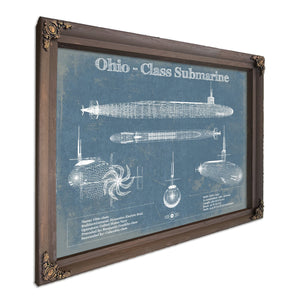 Ohio SSBN Nuclear Ballistic Missile Submarine Naval Print in a Bourbon stained wood frame with antique gold corners