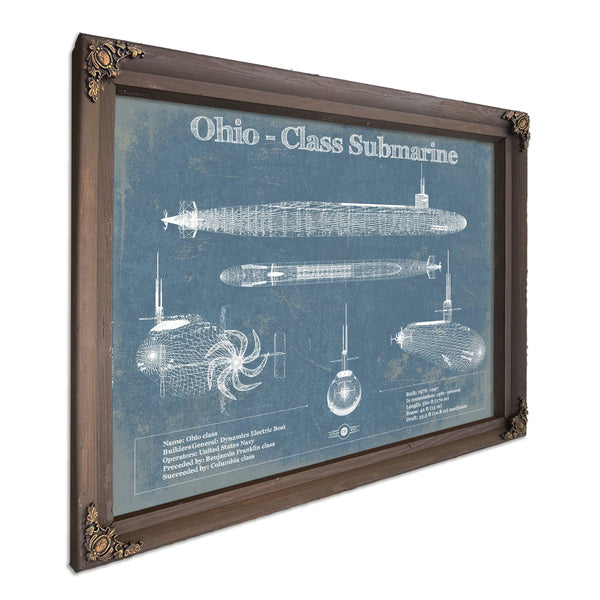 Ohio SSBN Nuclear Ballistic Missile Submarine Naval Print in a Bourbon stained wood frame with antique gold corners