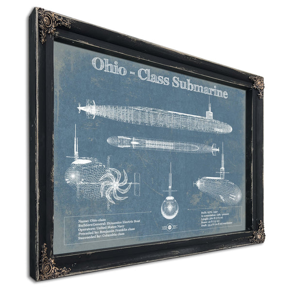 Ohio SSBN Nuclear Ballistic Missile Submarine Naval Print in a distressed Vintage Black wood frame with ornate corners