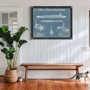 Ohio SSBN Nuclear Ballistic Missile Submarine Naval Print framed in Vintage Black above a rustic console table
