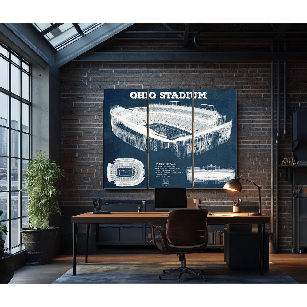 Ohio State Buckeyes Art - Ohio Stadium Print in a distressed Vintage Black wood frame with ornate corners