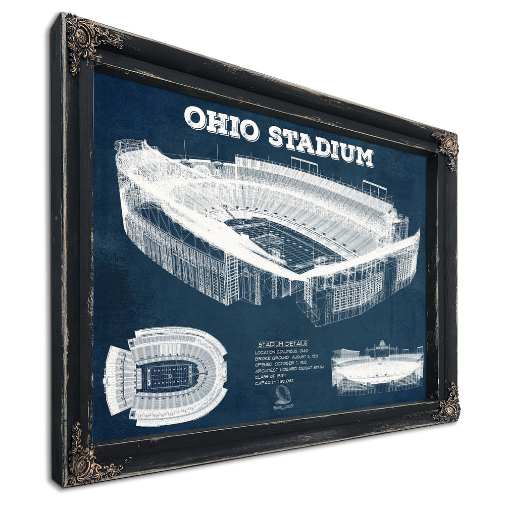 Ohio State Buckeyes Art - Ohio Stadium Print in a distressed Vintage Black wood frame with ornate corners