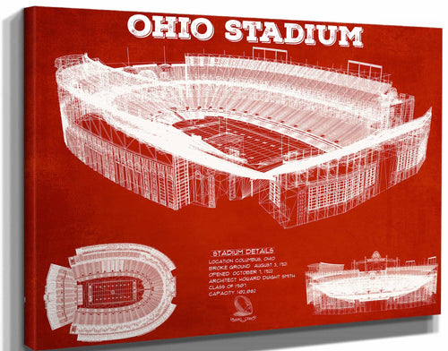 14" x 11" / Stretched Canvas Wrap Cutler West Ohio State Buckeyes Art - Ohio Stadium Vintage Stadium Blueprint Art Team Print