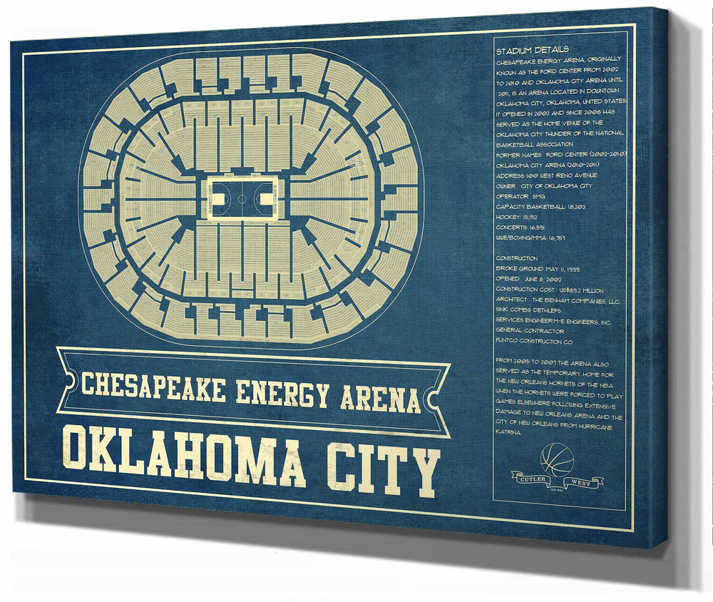 14" x 11" / Stretched Canvas Wrap Cutler West Oklahoma City Thunder - Chesapeake Energy Arena Vintage Basketball Blueprint NBA Print
