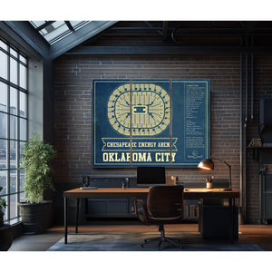 Oklahoma City Thunder - Chesapeake Energy Arena Print as a 3 panel canvas wrap in an industrial loft office