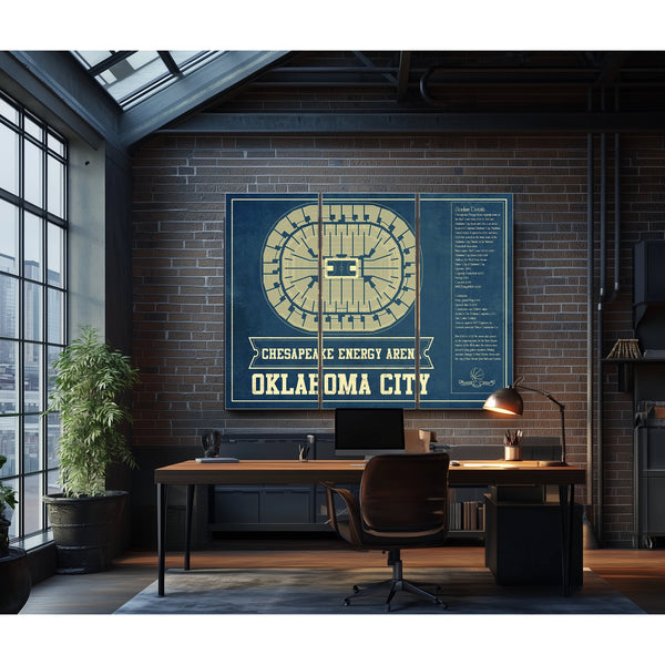 Oklahoma City Thunder - Chesapeake Energy Arena Print as a 3 panel canvas wrap in an industrial loft office