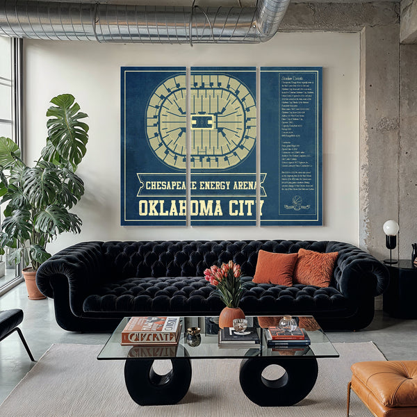 Oklahoma City Thunder - Chesapeake Energy Arena Print as a 3 panel canvas wrap in a modern living room