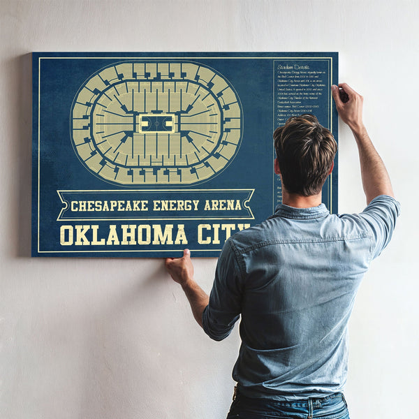 Oklahoma City Thunder - Chesapeake Energy Arena Print framed in Vintage Black above a mid-century record console