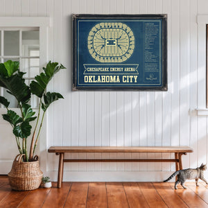 Oklahoma City Thunder - Chesapeake Energy Arena Print framed in Vintage Black above a rustic console table