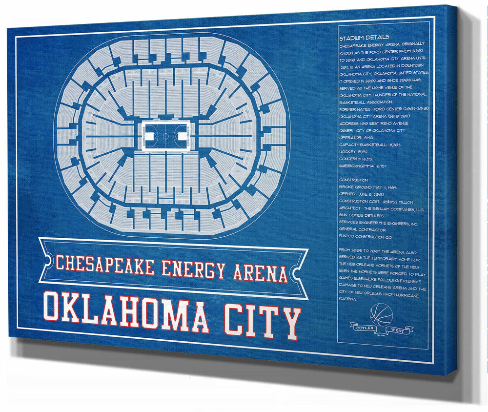14" x 11" / Stretched Canvas Wrap Cutler West Oklahoma City Thunder - Chesapeake Energy Arena Vintage Basketball Blueprint NBA Team Color Print