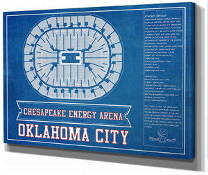 14" x 11" / Stretched Canvas Wrap Cutler West Oklahoma City Thunder - Chesapeake Energy Arena Vintage Basketball Blueprint NBA Team Color Print