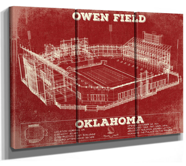 36" x 24" / 3 Panel Canvas Wrap Cutler West Oklahoma Sooners Football - Gaylord Family Oklahoma Memorial Vintage Stadium Blueprint Art Print (Copy)