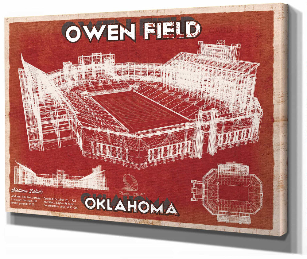 14" x 11" / Stretched Canvas Wrap Cutler West Oklahoma Sooners Football - Gaylord Family Oklahoma Memorial Vintage Stadium Blueprint Art Print