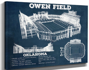 14" x 11" / Stretched Canvas Wrap Cutler West Oklahoma Sooners Football Gaylord Family Oklahoma Memorial Vintage Stadium Blueprint Art Print