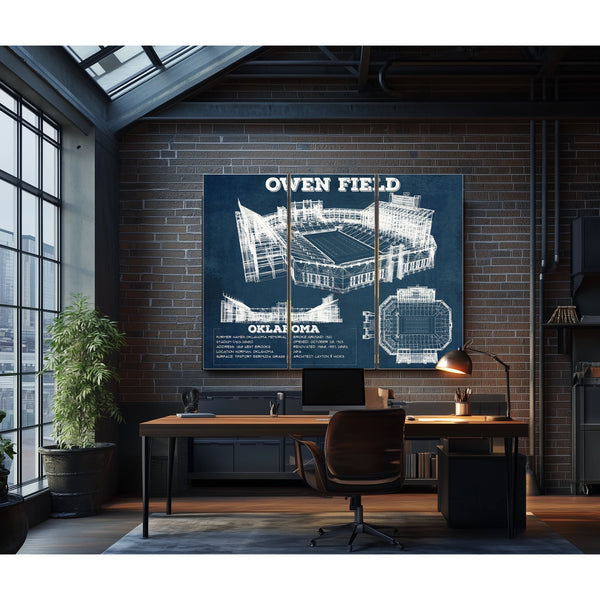 Oklahoma Sooners Football Gaylord Family Oklahoma Print as a 3 panel canvas wrap in an industrial loft office