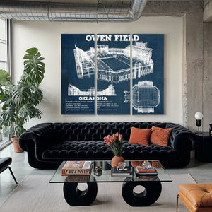 Oklahoma Sooners Football Gaylord Family Oklahoma Print as a 3 panel canvas wrap in a modern living room