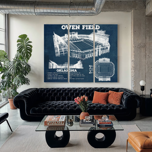 Oklahoma Sooners Football Gaylord Family Oklahoma Print as a 3 panel canvas wrap in a modern living room