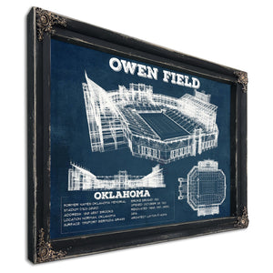 Oklahoma Sooners Football Gaylord Family Oklahoma Print in a distressed Vintage Black wood frame with ornate corners