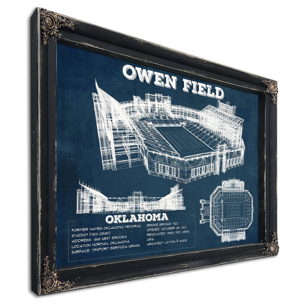 Oklahoma Sooners Football Gaylord Family Oklahoma Print in a distressed Vintage Black wood frame with ornate corners