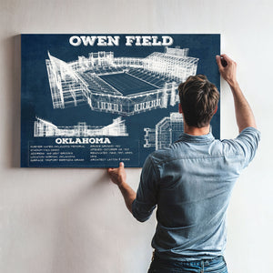 Oklahoma Sooners Football Gaylord Family Oklahoma Print framed in Vintage Black above a mid-century record console