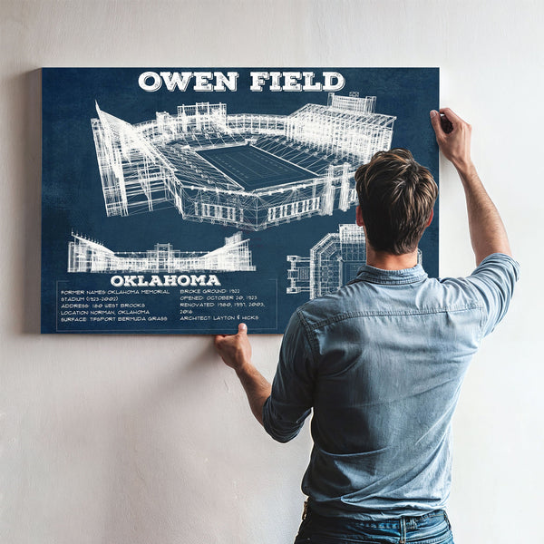 Oklahoma Sooners Football Gaylord Family Oklahoma Print framed in Vintage Black above a mid-century record console