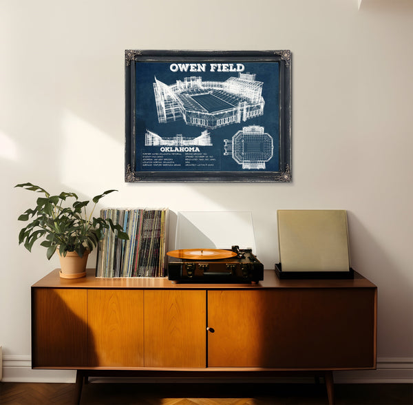 Oklahoma Sooners Football Gaylord Family Oklahoma Print framed in Vintage Black in a loft bedroom