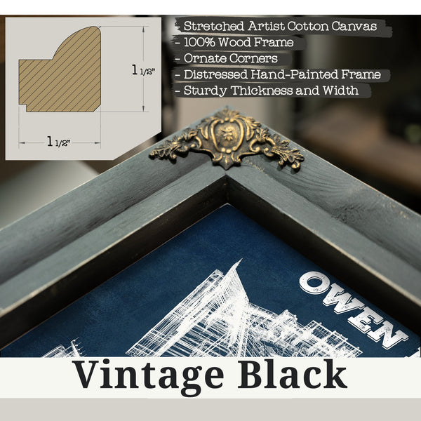 Vintage Black frame corner detail, 1.5 inch ornate wood moulding, Oklahoma Sooners Football Gaylord Family Oklahoma Print