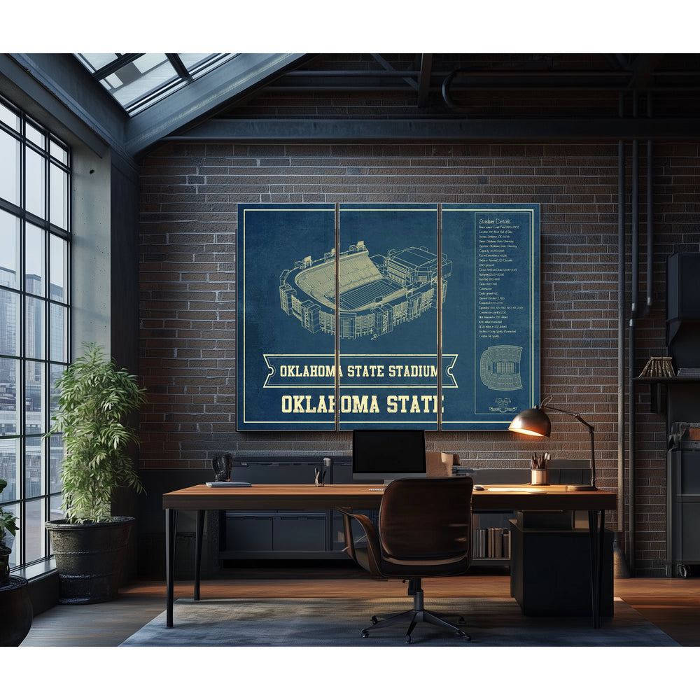 Oklahoma State Cowboys Art - Oklahoma State Stadium Print in a distressed Vintage Black wood frame with ornate corners