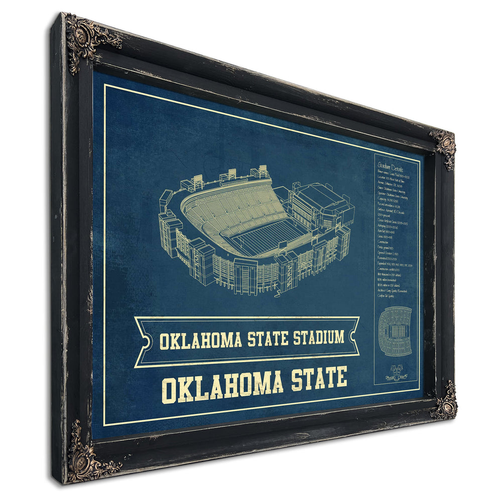 Oklahoma State Cowboys Art - Oklahoma State Stadium Print in a distressed Vintage Black wood frame with ornate corners