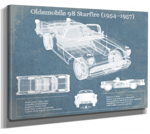 14" x 11" / Stretched Canvas Wrap Cutler West Oldsmobile 98 Starfire (1954–1957) Convertible Blueprint Vintage Auto Print
