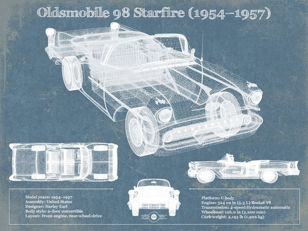 14" x 11" / Unframed Cutler West Oldsmobile 98 Starfire (1954–1957) Convertible Blueprint Vintage Auto Print