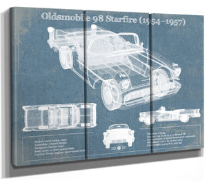 36" x 24" / 3 Panel Canvas Wrap Cutler West Oldsmobile 98 Starfire (1954–1957) Convertible Blueprint Vintage Auto Print