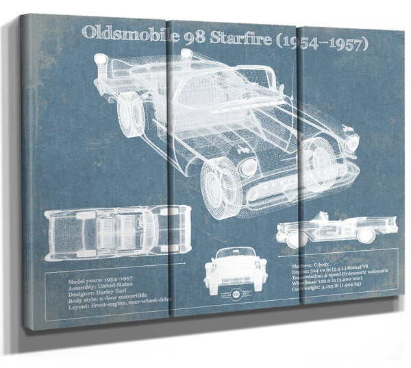 36" x 24" / 3 Panel Canvas Wrap Cutler West Oldsmobile 98 Starfire (1954–1957) Convertible Blueprint Vintage Auto Print