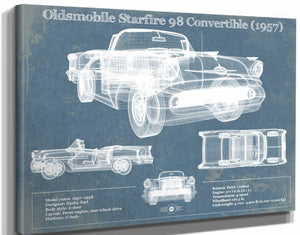 14" x 11" / Stretched Canvas Wrap Cutler West Oldsmobile Starfire 98 Convertible (1957) Blueprint Vintage Auto Print
