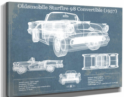 14" x 11" / Stretched Canvas Wrap Cutler West Oldsmobile Starfire 98 Convertible (1957) Blueprint Vintage Auto Print