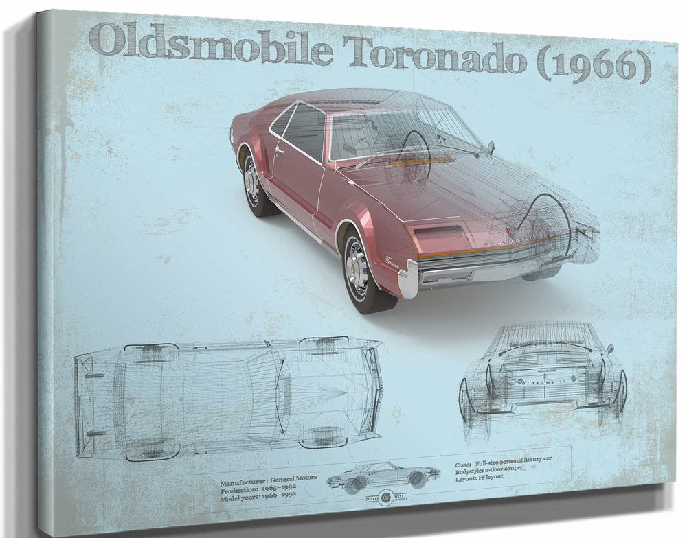 14" x 11" / Stretched Canvas Wrap Cutler West Oldsmobile Toronado (1966) Car Original Blueprint Art