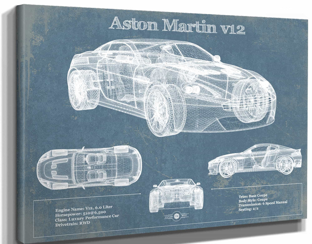 14" x 11" / Stretched Canvas Wrap Cutler West Original Aston Martin V12 Blueprint Vintage Auto Print