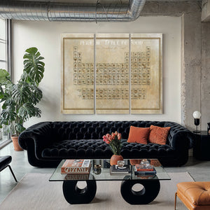 Original Food Periodic Table of Elements Print as a 3 panel canvas wrap in a modern living room