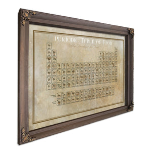 Original Food Periodic Table of Elements Print in a Bourbon stained wood frame with antique gold corners
