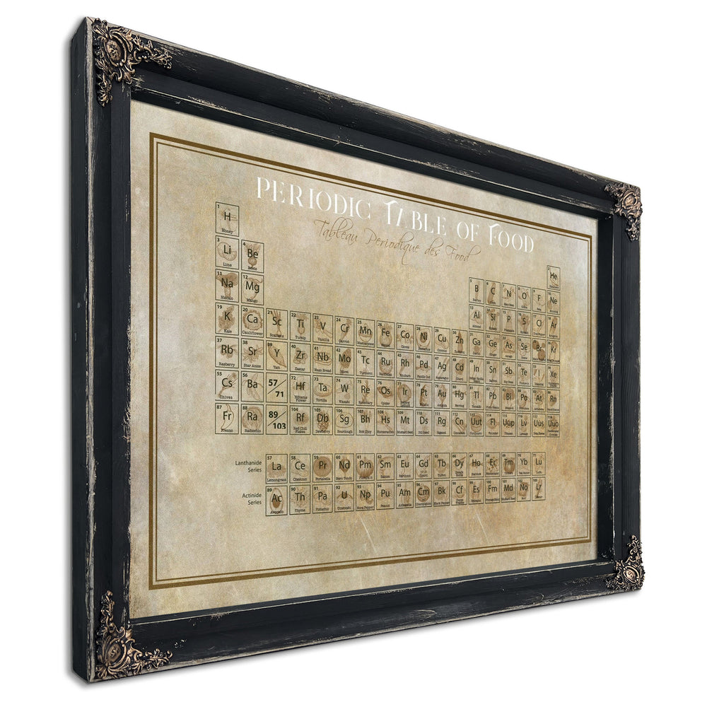 Original Food Periodic Table of Elements Print in a distressed Vintage Black wood frame with ornate corners