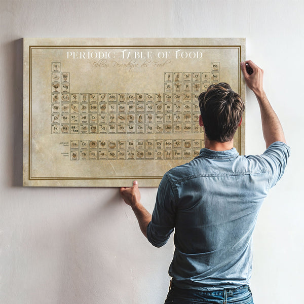 Original Food Periodic Table of Elements Print framed in Vintage Black above a mid-century record console